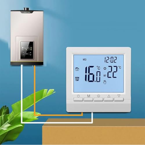 Lawnoval - Termostato digital de habitación con pantalla LCD, controlador de temperatura no programable para caldera de gas o calefacción por suelo radiante, funciona con pilas, traba de seguridad