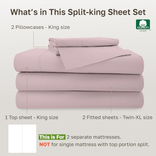Image of California Design Den 500TC 100% Cotton Split King Sheets Set, Soft Rose | Good Housekeeping Seal, OEKO-TEX Certified, Silky-Soft Sateen Weave, 5pc Set, 15 inch Deep Pockets, For Hot Sleepers, All-Season