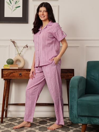 Image of Clovia Women Rayon Night Suit- Printed, Shirt & Pyjama Set