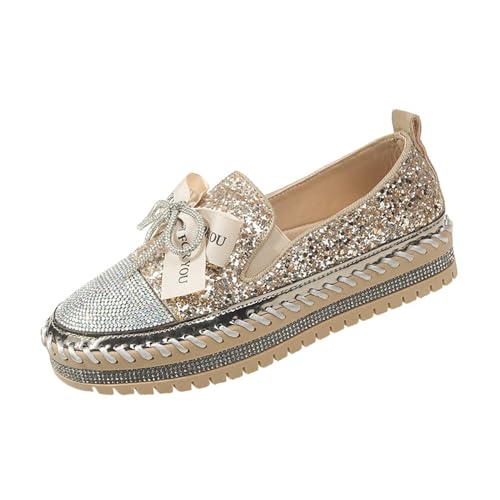 AMAZIDEAL Women's Rhinestones Glitter Bow Platform Loafers,Fashion Casual Slip-On Sequin Shiny Sneaker,Comfort Low Top Increase Height Walking Shoes