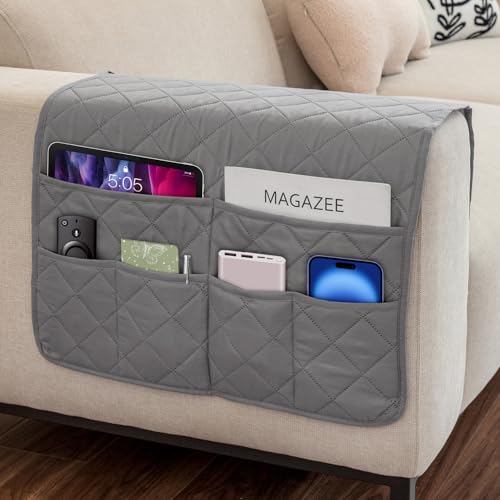 Remote Control Holder for Recliner Non-Slip Armchair Caddy Couch Armrest Organizer Arm Chair Bedside Caddy Storage Organizer for Recliner Couch With 6 Pockets for Magazine Tablet Phone iPad (Grey)