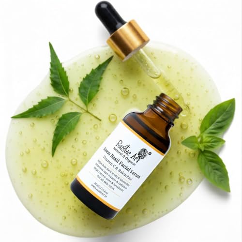 Image of Rustic Art Neem Basil Facial Serum | Vitamin C & Bakuchiol | Controls acne & breakouts, fades dark spots | Imrpoves skin radiance | For all skin types | Organic & Natural |30 ml