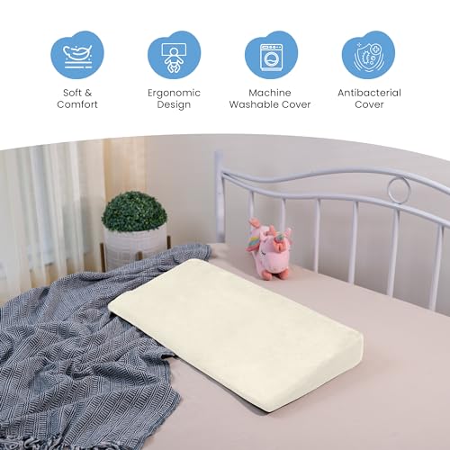 Image of Cherilo Full Size Elevated Wedge Pillow for Baby Crib & Mattress, Helps to Elevate Baby for Acid Reflux, Colic, GERD, Heat Burn & Vomiting | 28 inch x 14 inch x 3 inch | - with Removable Velvet Cover - Cream