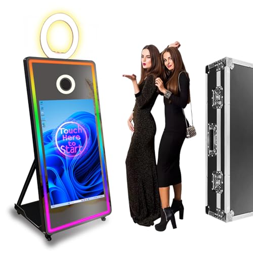 65" Magic Mirror Photo Booth Machine with 43 inch Touch Screen, Selfie Photobooth Machines Portable, with Flight Case Ring Light for Party Wedding Event (Black, Without Camera Printer)