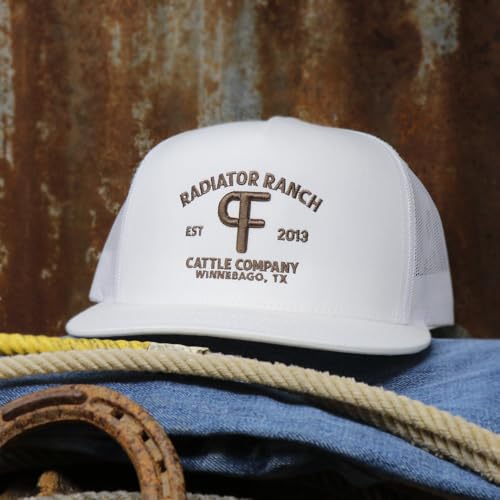 Image of Rodeo Time Dale Brisby Radiator Ranch PF Brand Adjustable Snapback Hat for Men and Women, Breathable Baseball Cap Mesh Snap Back Cap, Cool Western Trucker Hat, One Size Fits Most, White /Brown