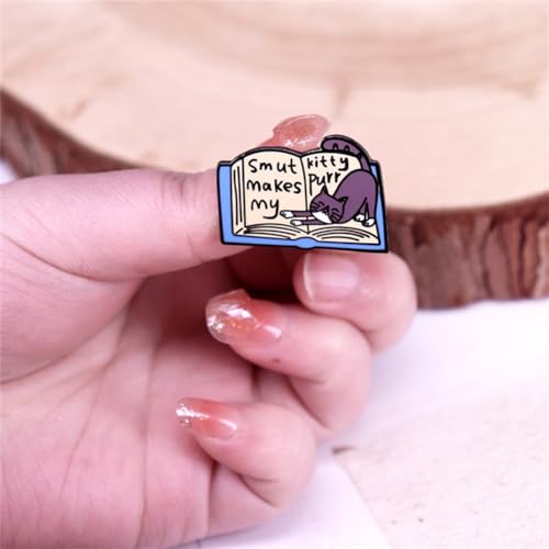 Image of Smut Makes My Kitty Purr Enamel Pin Kawaii Cat with Book Lapel Pin for Book Lovers Cartoon Animal Collar Pin Cat Enamel Pin Book Lover Reader Student Bookworm Brooch