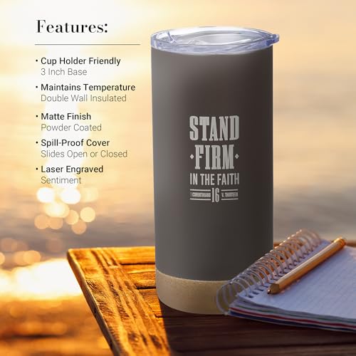 Image of Christian Art Gifts 16 oz. Brown Stand Firm Bible Verse Travel Tumbler