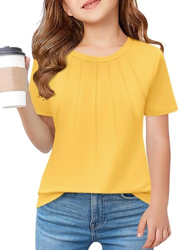 Haloumoning Girls Pleated T Shirts Kids Summer Short Sleeve Crew Neck Shirt Fashion Casual Tops Tees 5-14 Years, Yellow, 10-12 Years