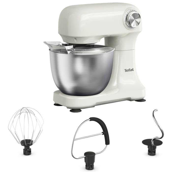 Tefal Bake Easy QB140AF0 - Robot de cocina compacto y fácil de usar, 12 velocidades, función pulsante, cuenco de 3,5 litros, batidor, gancho amasador, 500 W, blanco