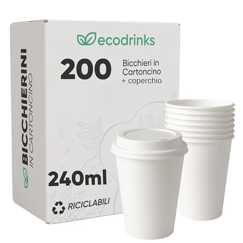 ecodrinks - 200 Bicchieri di Carta con Coperchio di Plastica da 240ml - Per Caffè Lungo, Espresso, Ginseng, Acqua o Cocktail - Adatti all'Uso Domestico, Bar, Uffici e Eventi