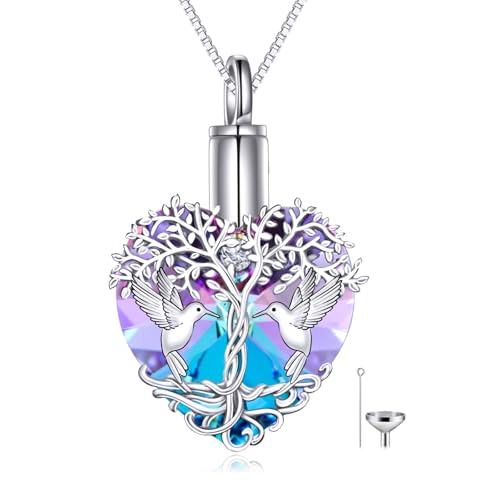 POPKIMI Hummingbird Urn Necklace for Ashes Sterling Silver Crystal Cremation Jewelry