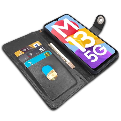 Image of Pikkme Samsung Galaxy M13 5G Flip Cover Leather Finish | Inside TPU with Card Pockets | Wallet Stand and Shock Proof | Complete Protection Button Flip Case (Black)