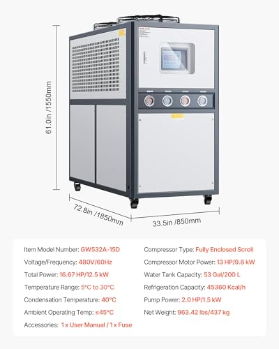 Image of VEVOR Air-Cooled Water Chiller, 16.67 HP, Industrial Water Chiller with 45,360 Kcal /h Cooling Capacity, Dual Compressor, 53 Gal Large Tank, LED Display, Cooler for Cooling Water, Not Air Conditioner