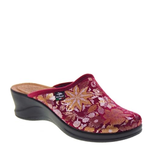 Fly Flot | Chanclas de mujer de invierno con fantasía jacquard floral, plantilla de piel antichoque, burdeos, 39 EU