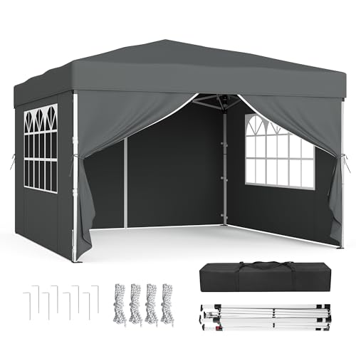 SONGMICS Tonnelle, Chapiteau Pliable, Protection Solaire, Résistante aux Petites Pluies, Portable, avec Parois Latérales, pour Cour, Jardin, Marché, 3 x 3 m, Gris Foncé GCT104GZ01