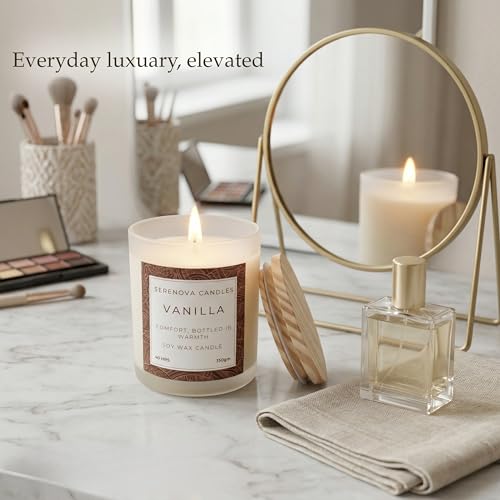 Image of SERENOVA Candles Soy Wax Scented Candle | Burn-time 40 Hours and Upto 60 Hours | 350gm | Handpoured and Handmade | Organic Soy Wax Candle | Aromatherapy Candle (Vanilla)