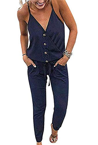 PRETTYGARDEN Women s Summer Deep V Neck Spaghetti Strap Drawstring Waist Jumpsuit Romper with Pockets
