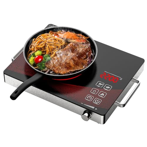 Nardea plaque électrique 1 feu vitrocéramique 2200W, plaque de cuisson électrique portable avec commande à bouton, plaque vitrocéramique 1 feu Hobs
