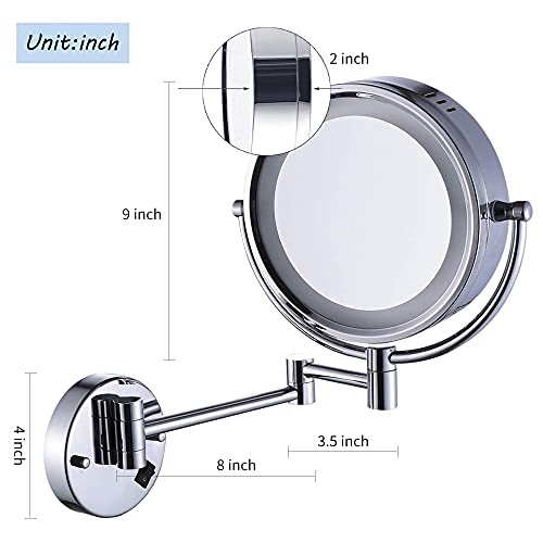 Cavoli Wall Mounted Makeup Mirror With Led Lighted 10X Magnification,3 Colors Lights Modes,8.5 Inches,Bathroom And Hotel, Chrome Finish,Made Of Brass #TOP2