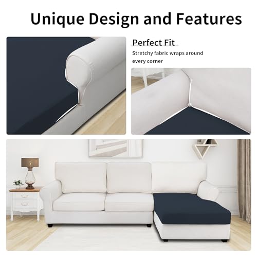 Image of Easy-Going Stretch 1 Piece Chaise Lounge Cushion Slipcover | Sectional Couch Covers L Shape Separate Cushion Couch Seat Chaise Cover for Both Left /Right Sectional Couch Dark Blue