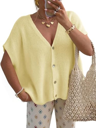 Womens Spring Sweaters Cardigans 2026 Summer Tops Trendy Short Sleeve V Neck Button Coverup Vacation Casual Outfits A-Yellow