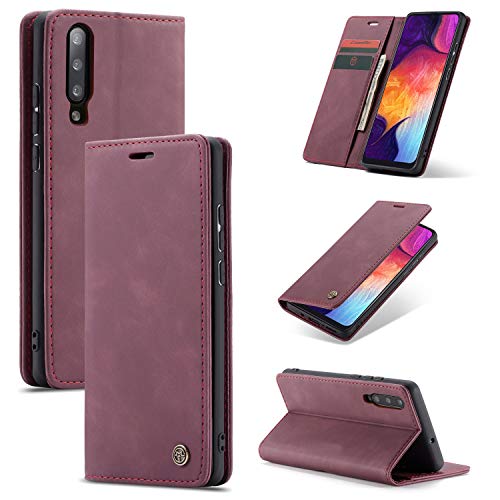 AKC Funda Compatible para Samsung Galaxy A50/A50s Carcasa con Flip Case Cover Suave PU Cuero Cierre Magnético Plegable Carter Soporte Prueba de Golpes Caso Anti-rasguños con Tapa Tarjetas-Vino Rojo
