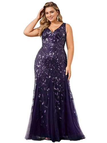 Image of Ever-Pretty Plus Sequin Formal Dresses Sleeveless V Neck Mermaid Ball Gowns Plus Size Prom Dress