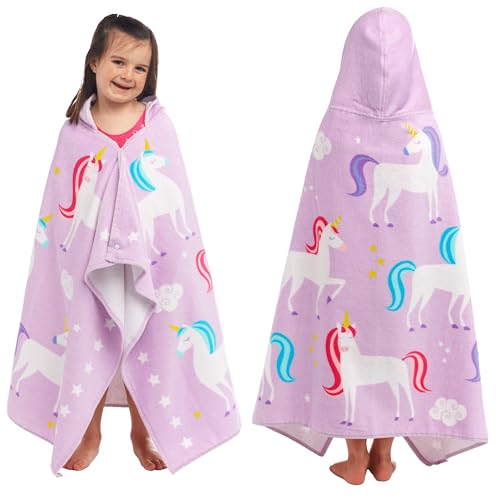 Wildkin Kids Hooded Beach Towel – 100% Cotton, Snap Front for Bath, Pool & Beach - Unicorns