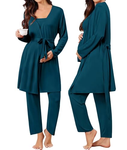 Image of SWOMOG Maternity Nursing Robe Set 3 Piece Breastfeeding Pajamas 3 in 1 Labor Delivery Sleevless Tops&Long Pants Pregnancy Pjs