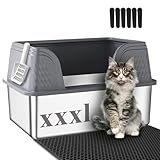 Picture of Suhaco XXXL Stainless Steel Litter Box with High Sided Deep Side Entry Deep Extra Large Metal Litter Box Included Mat & Scoop Anti-Urine Leakage Cat Litter Boxes for Big Cats (Grey XXXL)