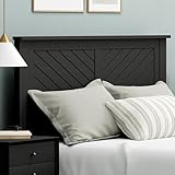 ComfIQ Serene Poplar Wood Queen Size Headboard in Black, Modern Farmhouse Panel with Chevron Scoring, Casual Coastal Style, Easy Assembly, Quality Materials