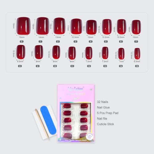 Press On Nails Short - Jofay Fashion Acrylic Press On Nails Red, Square Glue On Nails with Nail Glue, Fit Perfectly & Natural Stick On Nails in 16 Sizes - 32PCS Soft Gel Kit, Wine Red