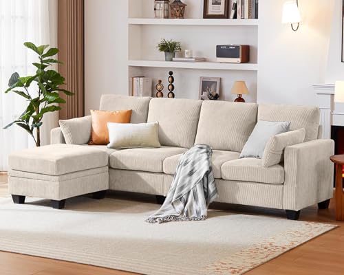 Image of CHIC HOUSE Modular Sectional Sofa with Storage Ottomans, Corduroy Cloud Couch for Small Spaces & Apartments, Reconfigurable L /U Shaped Convertible Corner Sofa, Beige, 5 Seater Sectional