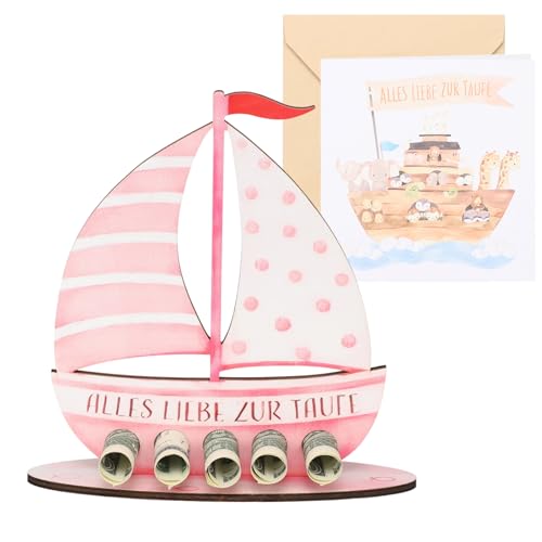 Taufgeschenke Jungen Und Mädchen, Persönliches Holz Segelboot Als Geschenk Zur Taufe, Mit Taufkarte, Geldgeschenk Idee, Einzigartiges Erinnerungsstück Zur Taufe (Rosa)