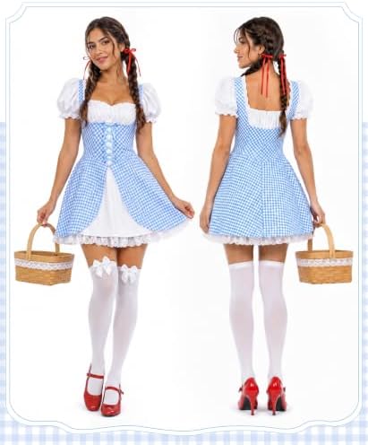 YOGFIT 4Pcs Blue Gingham Dress Costume Set for Women with Wicker Basket, Hair Ribbons, White Knee-High Socks — view 2