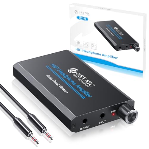 eSynic 16-300Ω Amplificatore per Cuffie Professionale con Interruttore Bass e Jack 3.5mm, Amplifier per Auricolari Ricaricabile da Type-C con Cavi Audio 12cm+100cm, Bass Ear Amp in Lega Alluminio