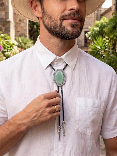 Image of Jeilwiy Bolo Tie for Men Real Stone Westwern Cowboy Ties Silver Bolos Women Leather Necktie Gift for Birthday Christmas