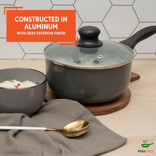 image for IMUSA Gray Ceramic Saucepan 1.5 Qt with Glass Lid, Nonstick with Cool-