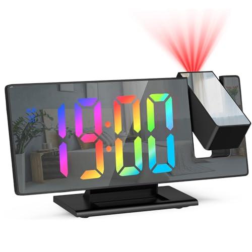LED Projection Clock Bedside, Mirror Alarm Clock with Temperature, Snooze, Night Mode, Adjustable Brightness, 12/24H Display, Colorful Digit for Bedroom Home Office USB Powered (Adapter Not Included)