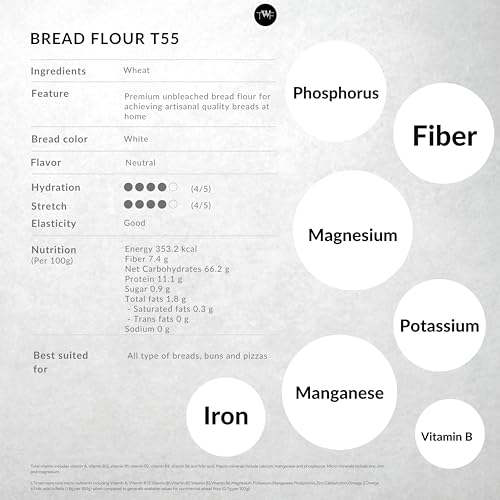 Image of TWF Bread Flour T55 (1kg T55 + 1kg Baker's Salt) - Premium Unbleached All Purpose Flour for Breads, Buns & Pizzas | Ideal for Home Baking | Bake Perfect Breads Everytime