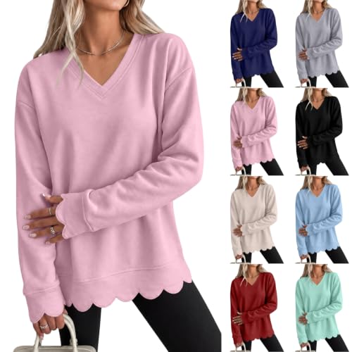 Womens V Neck Sweatshirt Cotton Scalloped Hem Long Sleeve Pullover Tops