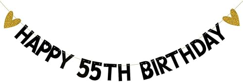 Cartel de feliz cumpleaños 55, pre-encordado, decoración de fiesta de papel negro con purpurina para 55 años, suministros de fiesta de cumpleaños