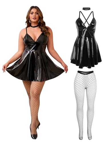 Babydoll Dessous für Frauen Sexy Curvy Negligee Dessous Damen Sexy Unterwäsche mit Strumpfhosen Große Größen Lederkleid Outfit Kurz Wetlook Minikleid Clubwear Reizwäsche Lack-schwarz+Strümpfe,M