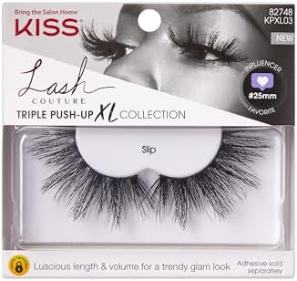 KISS Lash Couture Triple Push Up XL Collection, 3D Volume False Eyelashes in Extra Long Length with Triple Design Technology, Cruelty-Free, Contact Lens Friendly, and Reusable, Style Slip, 1 Pair