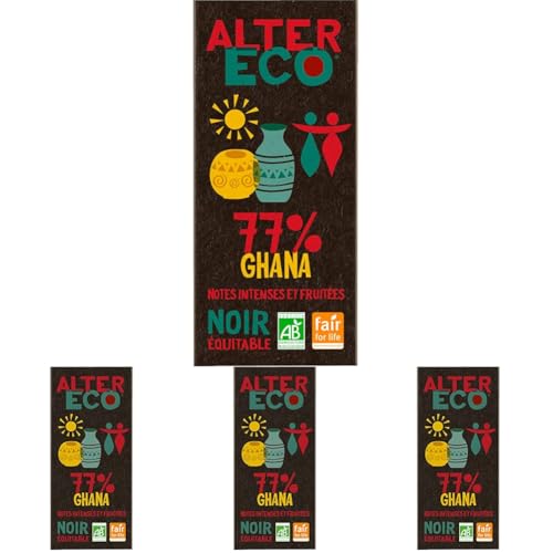 ALTER ECO - Tablette Chocolat Noir 77% - Notes Intenses Et Fruitées - Bio & Équitable - Sans Lécithine - Origine Ghana - 100 g (Lot de 4)