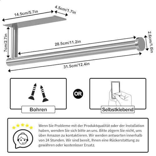 Foto von Küchenrollenhalter – selbstklebend oder bohrbar, Silber Papierhandtuchhalter zur Wandmontage für die Küche, Küchenrollenspender aus Edelstahl SUS304 unter dem Schrank