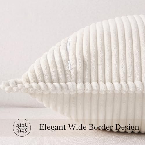 Mecatny Corduroy Throw Pillow Covers 18x18 Set of 2, Neutral Decorative Soft Boho Couch Pillow Covers with Broadside for Sofa Living Room, Cream White