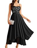 Homrain Elegant für Hochzeit Midi Cocktailkleid Pailletten Abendkleider Spaghettiträger Sommer Damen Kleider für Party Glitzer schwarz S