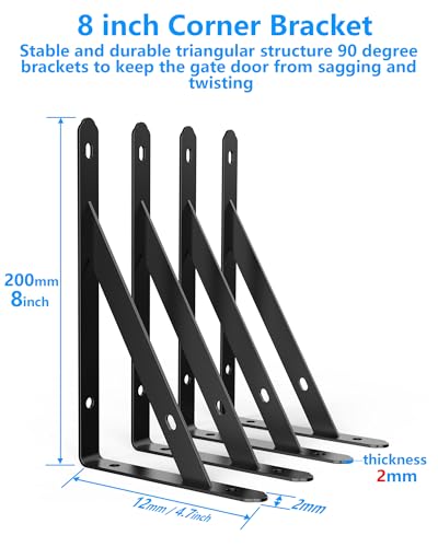Fence Gate Frame Kit with 8 inch Hinges and Gate Latch, Includes Corner Brace Brackets, Suitable for Wooden Shed Doors and Barn Doors
