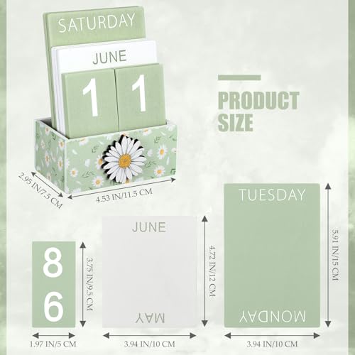 AceOrbit Green Daisy Flower Wood Block Perpetual Calendar Coquettish Desk Decor Cute Month Week Date Display Decorative Block Calendar for Women Office Home Desk Gift for Women by AceOrbit - Image 2